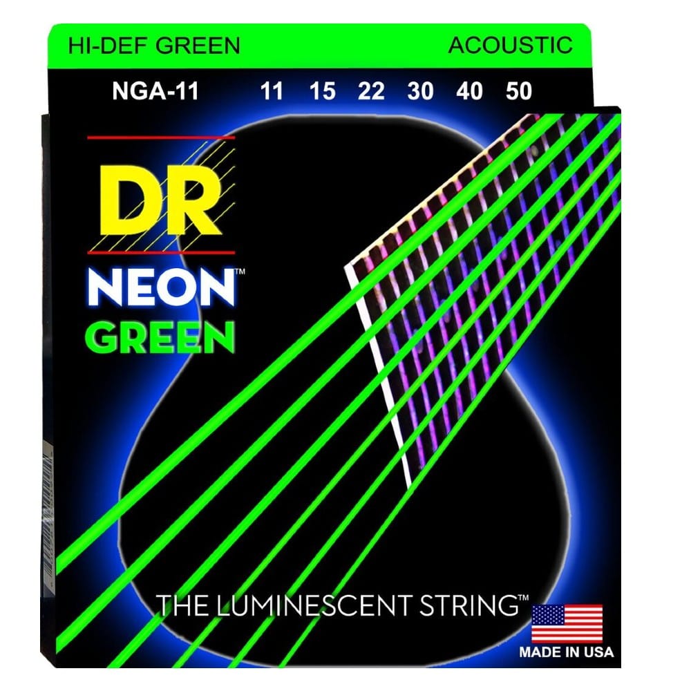 DR Acoustic Guitar Strings DR String NGA 11 Hi Def Neon Green Colored Acoustic Guitar Strings: Custom - Light 11-50