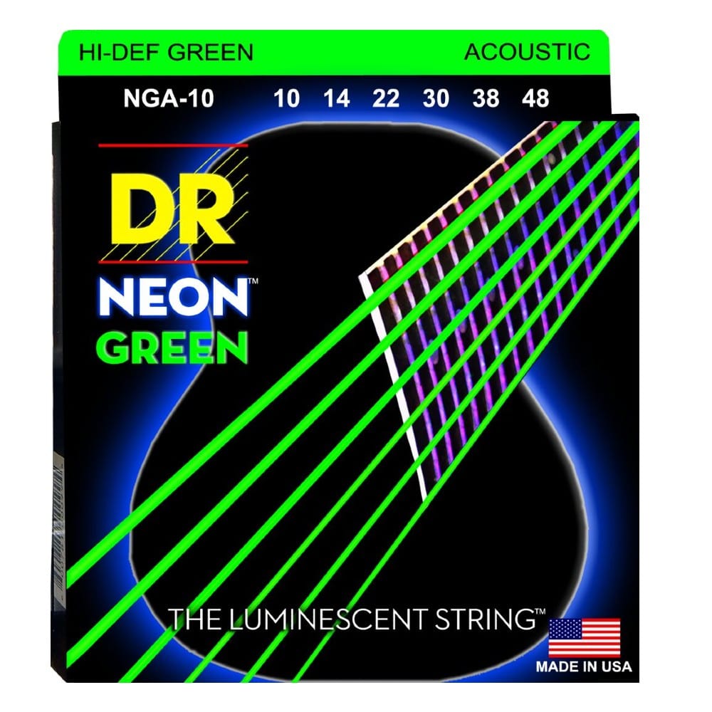 DR Acoustic Guitar Strings DR String NGA10 Hi Def Neon Green Colored Acoustic Guitar Strings - Extra Light 10-48