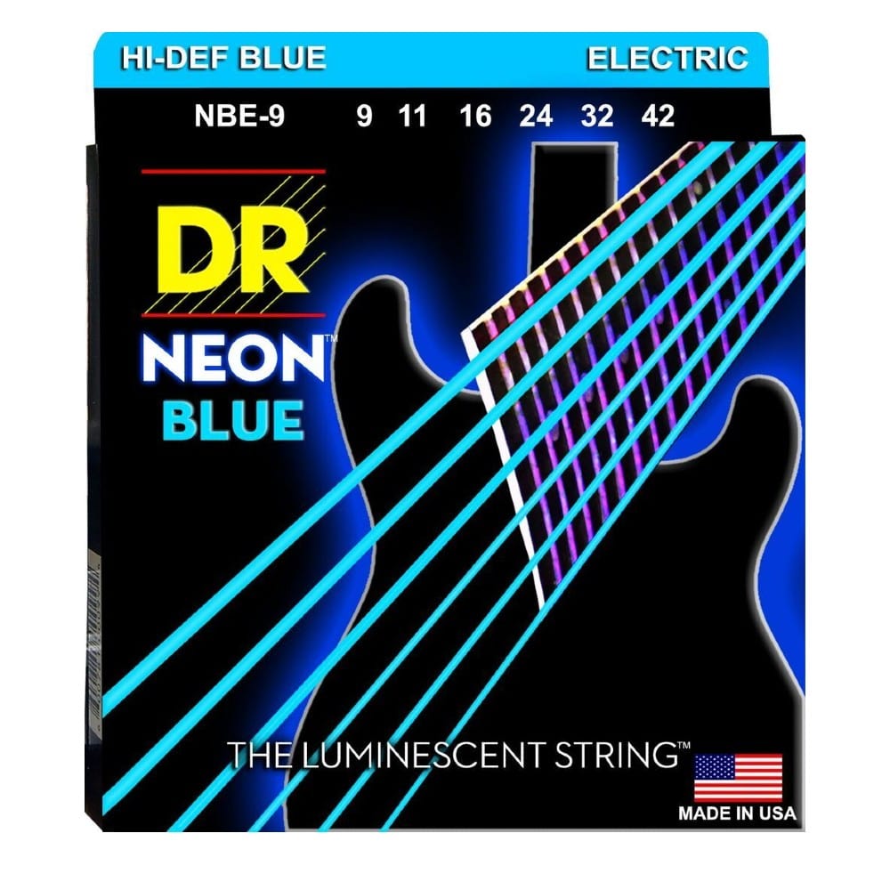 dr electric guitar strings dr string nbe-9 hi def neon blue colored electric guitar strings - light 9-42