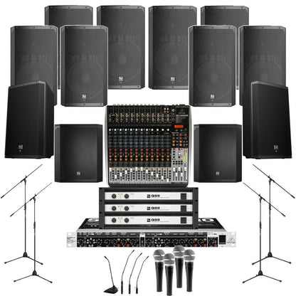 electro-voice pub sound system pub sound system 8xelectro voice elx 200 15p wall mount loudspeakers, 2xsubwoofer, 3xamplifiers, monitors, mics, stands & mixer