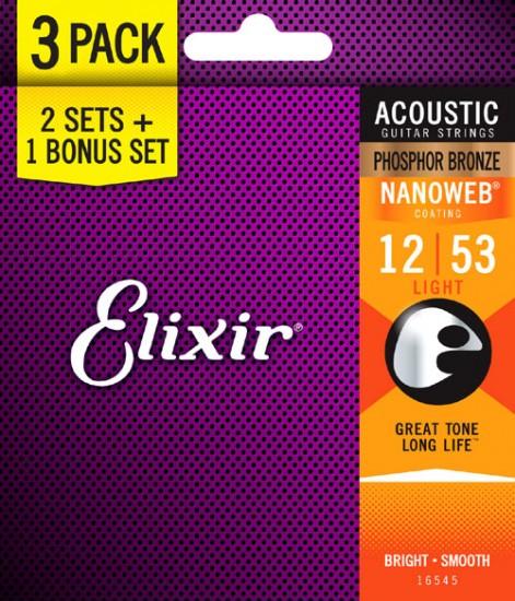 elixir acoustic guitar strings elixir 16545 nanoweb phosphor bronze acoustic guitar strings light - pack of 3 - 12-53