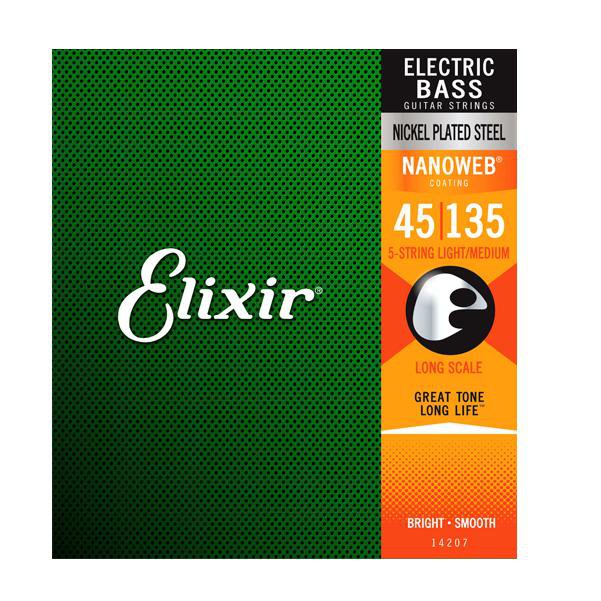 elixir bass guitar strings elixir 14207 nanoweb 5-string electric bass guitar strings long scale light medium - 45-135