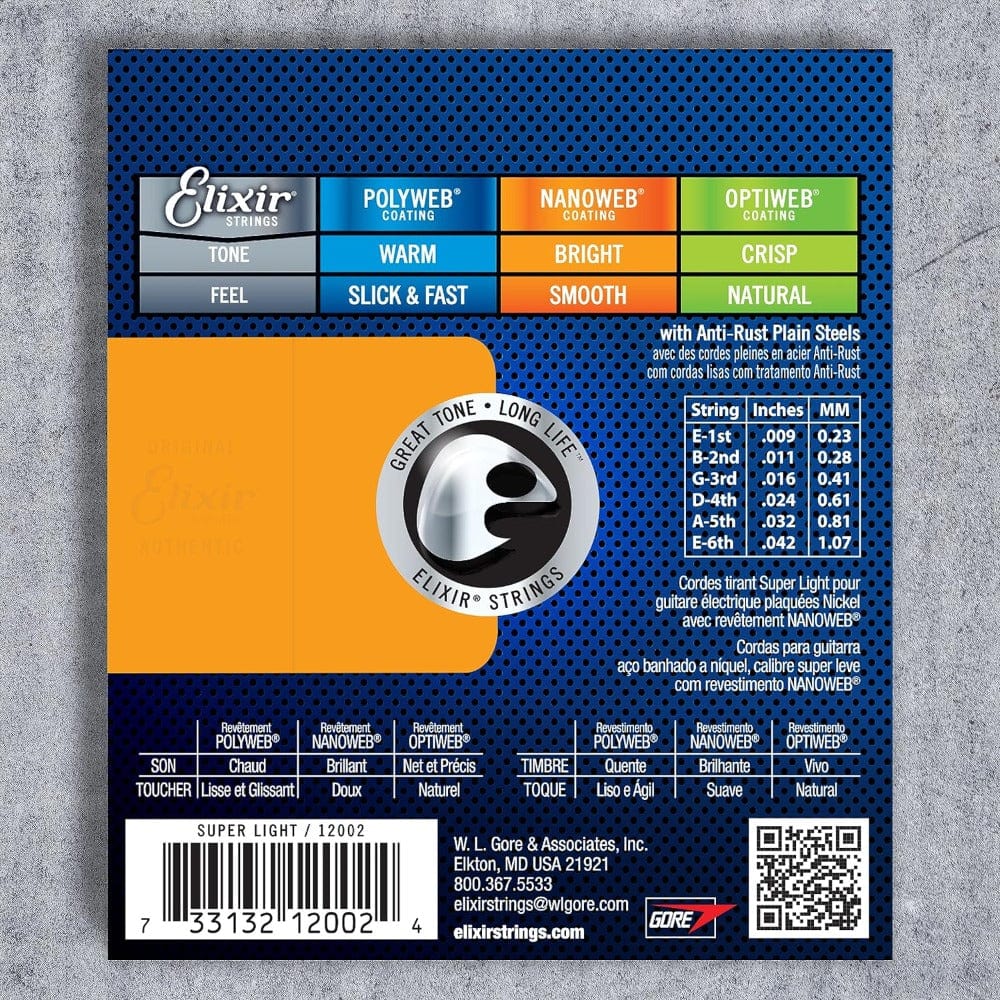 elixir electric guitar strings elixir 12002 nanoweb electric guitar strings, super light 0.09 - 0.42
