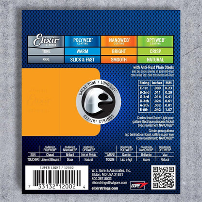 elixir electric guitar strings elixir 12002 nanoweb electric guitar strings, super light 0.09 - 0.42