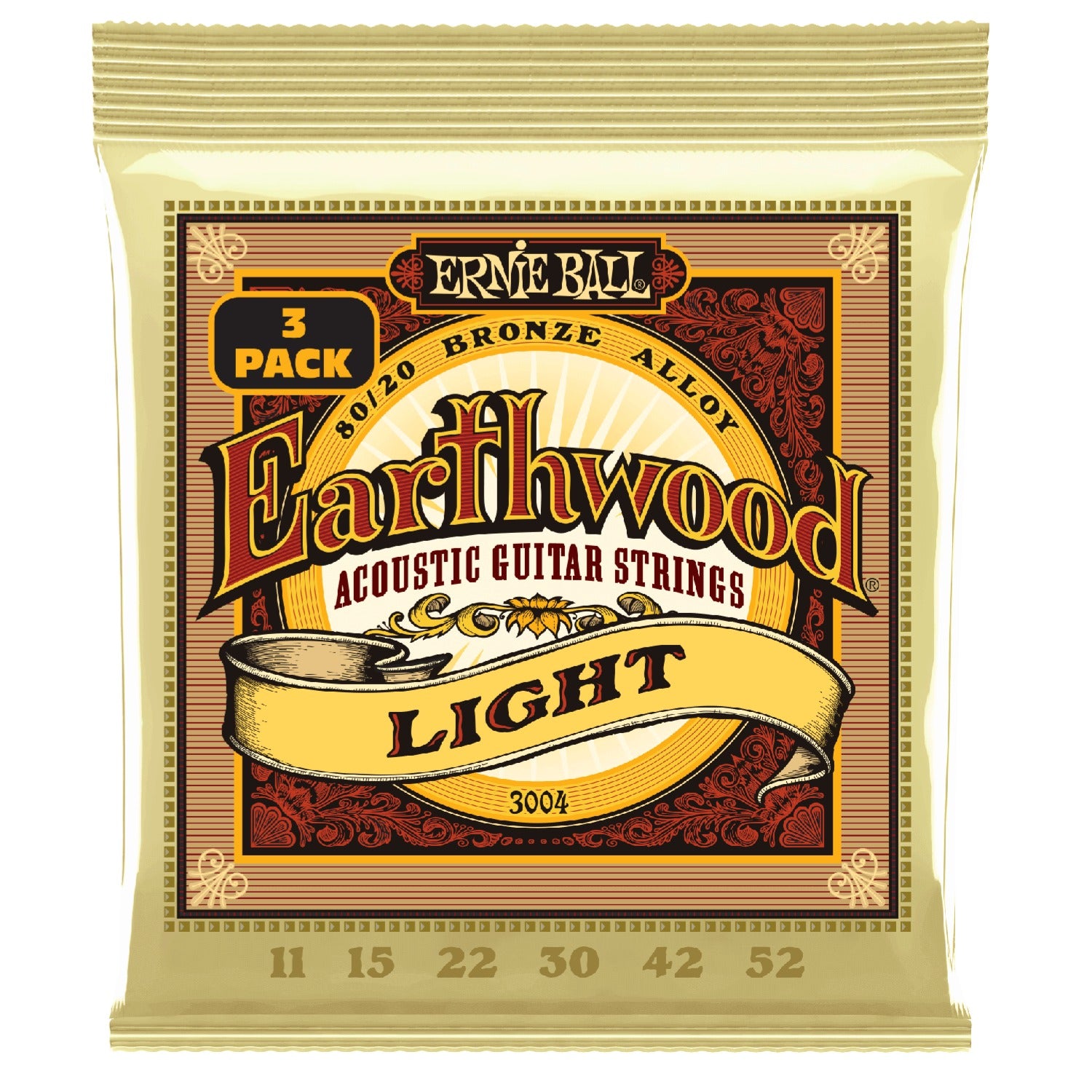 Ernie Ball Acoustic Guitar Strings .011 - .052 Ernie Ball 3004 Earthwood Light 80/20 Bronze Acoustic Guitar Strings 3 Pack 11-52