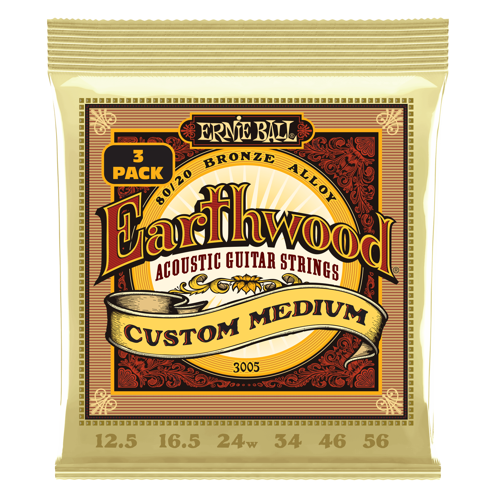 ernie ball acoustic guitar strings ernie ball 3005 custom medium earthwood 80/20 bronze acoustic guitar strings 3 pack - .12.5-.56