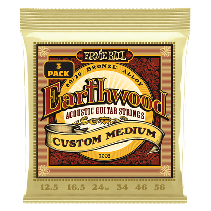 ernie ball acoustic guitar strings ernie ball 3005 custom medium earthwood 80/20 bronze acoustic guitar strings 3 pack - .12.5-.56