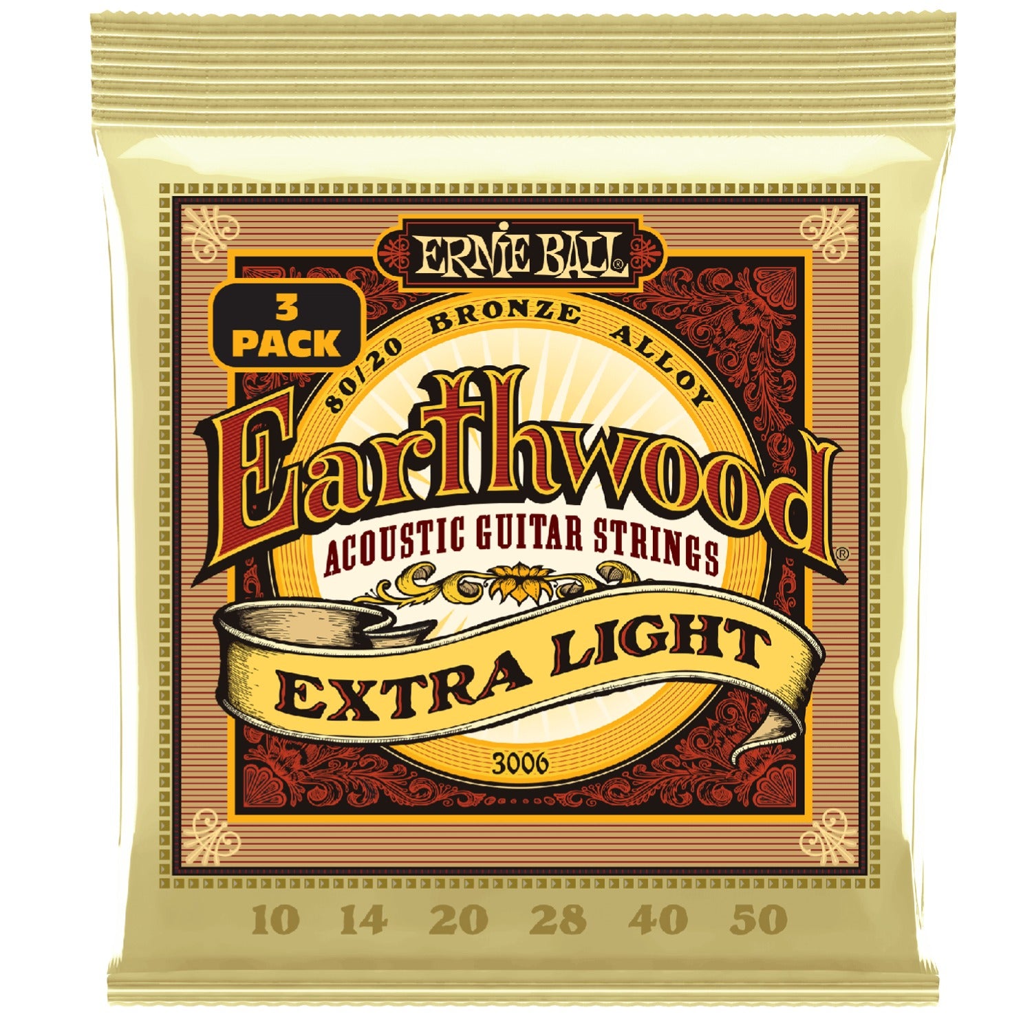 Ernie Ball Acoustic Guitar Strings Ernie Ball 3006 Extra Light Earthwood 80/20 Bronze Acoustic Guitar Strings 3 Pack - .10-.50