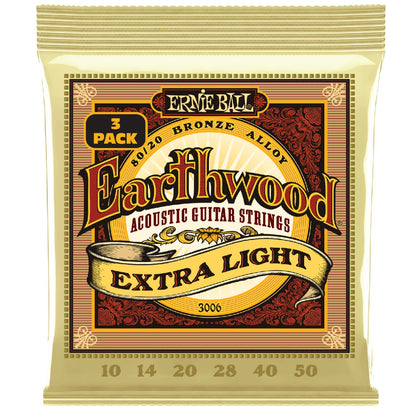 Ernie Ball Acoustic Guitar Strings Ernie Ball 3006 Extra Light Earthwood 80/20 Bronze Acoustic Guitar Strings 3 Pack - .10-.50
