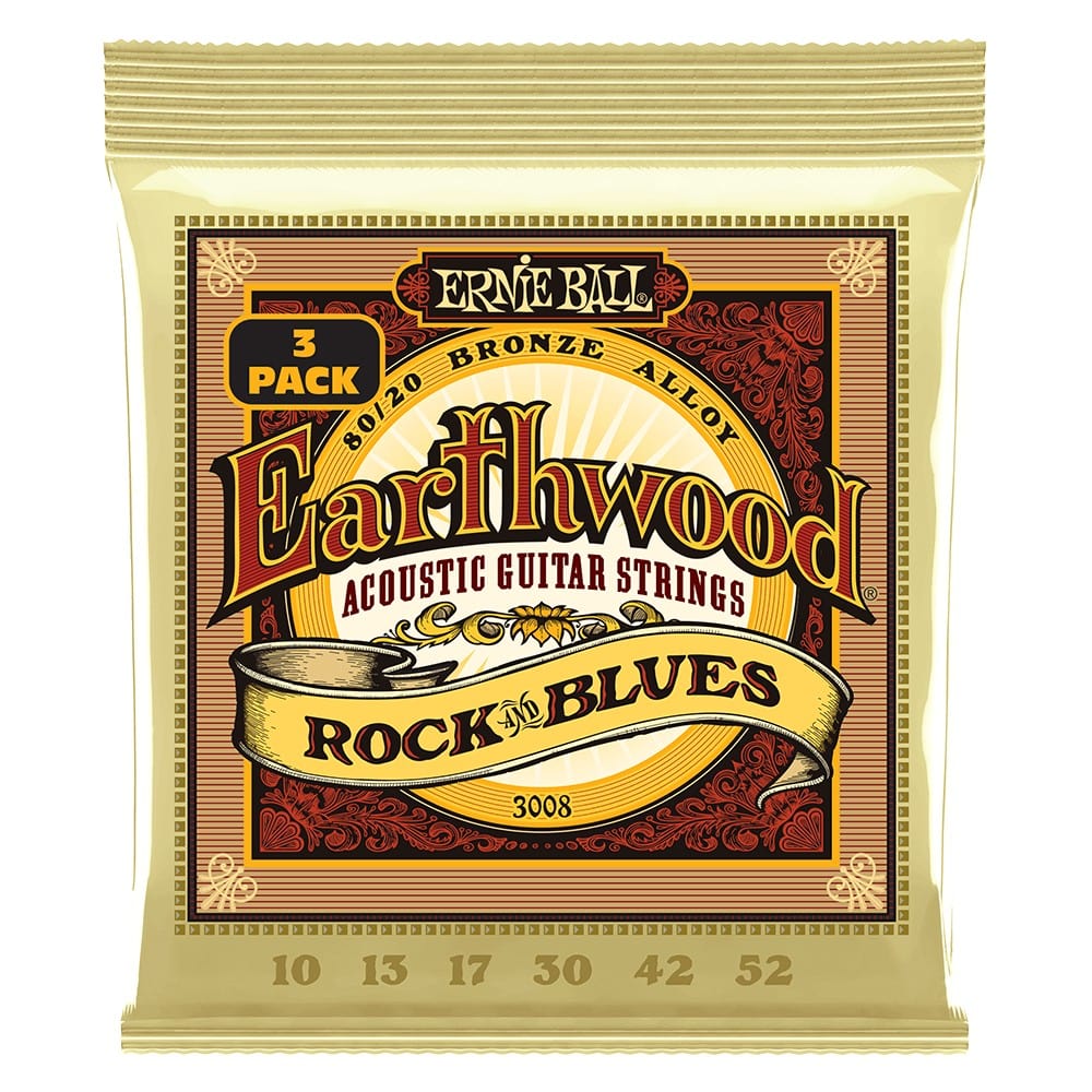 ernie ball acoustic guitar strings ernie ball 3008 rock and blues with plain g earthwood 80/20 bronze acoustic guitar string 3 pack - .10-.52