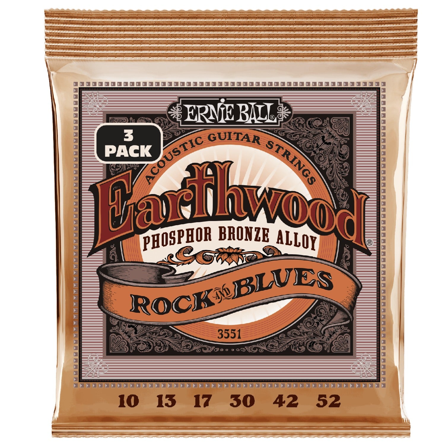 Ernie Ball Acoustic Guitar Strings Ernie Ball 3551 Rock and Blues with Plain G Earthwood Phosphor Bronze Acoustic Guitar String 3 Pack - .10-.52