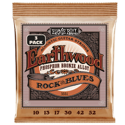 Ernie Ball Acoustic Guitar Strings Ernie Ball 3551 Rock and Blues with Plain G Earthwood Phosphor Bronze Acoustic Guitar String 3 Pack - .10-.52