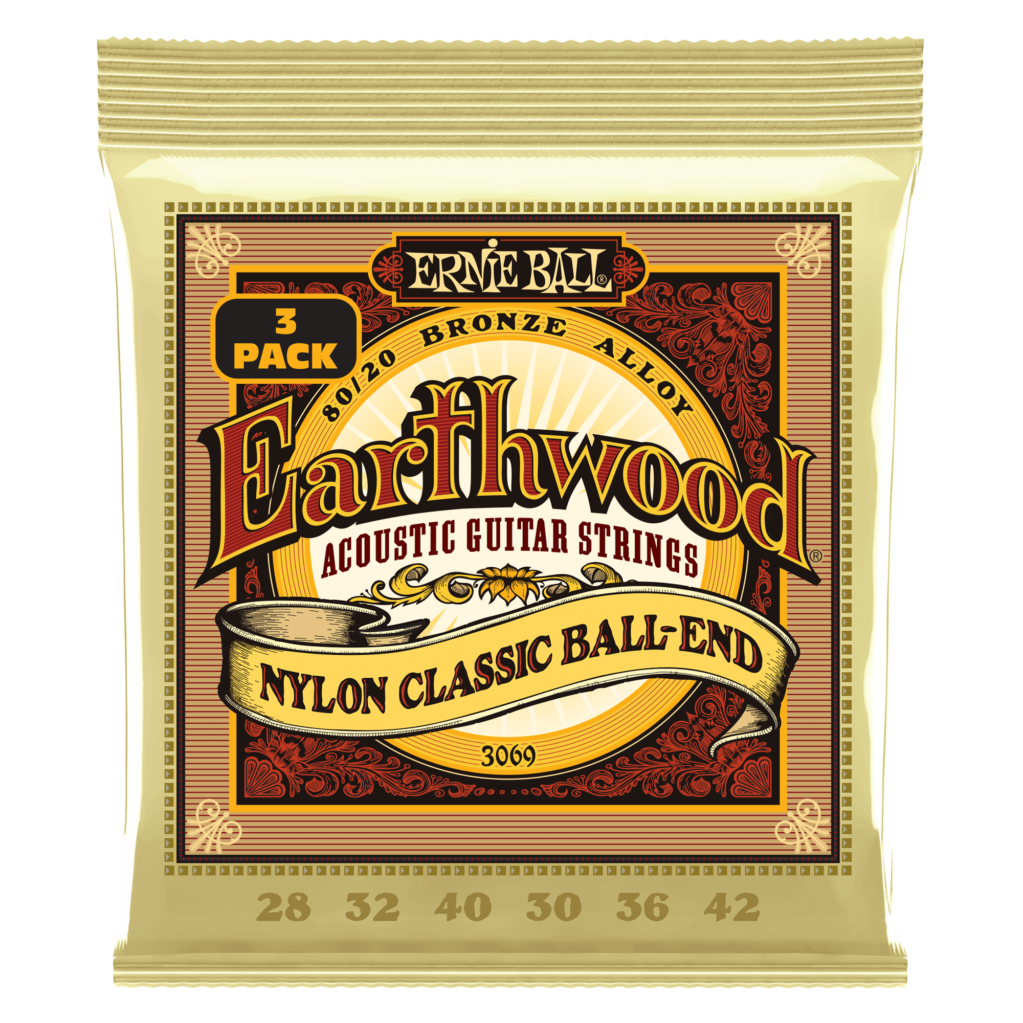 ernie ball classical guitar strings 28-42 gauge ernie ball earthwood 80/20 bronze nylon ball end folk/classical guitar strings - clear & gold - 3 pack   #size_28-42-gauge