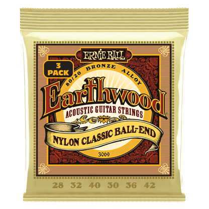 ernie ball classical guitar strings 28-42 gauge ernie ball earthwood 80/20 bronze nylon ball end folk/classical guitar strings - clear & gold - 3 pack   
