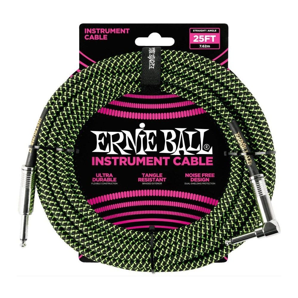 Ernie Ball Guitar Cables Black and Green Ernie Ball 25 Ft Braided Straight-Angle Instrument Cable