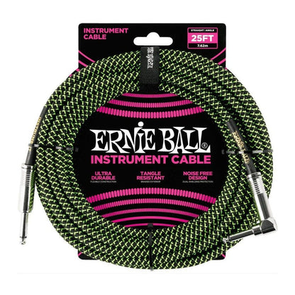 Ernie Ball Guitar Cables Black and Green Ernie Ball 25 Ft Braided Straight-Angle Instrument Cable