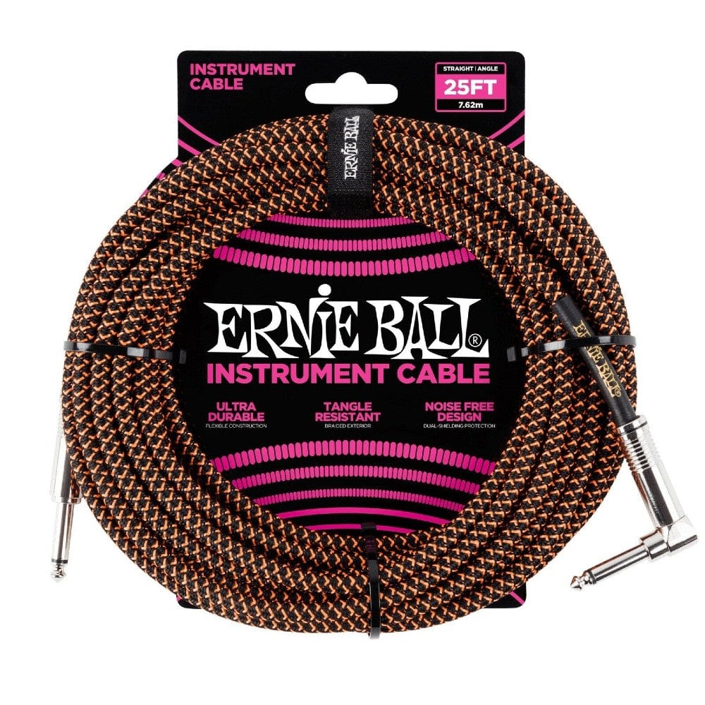 Ernie Ball Guitar Cables Black and Orange Ernie Ball 25 Ft Braided Straight-Angle Instrument Cable