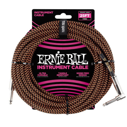 Ernie Ball Guitar Cables Black and Orange Ernie Ball 25 Ft Braided Straight-Angle Instrument Cable