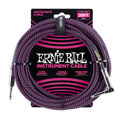 Ernie Ball Guitar Cables Black and Purple Ernie Ball 25 Ft Braided Straight-Angle Instrument Cable