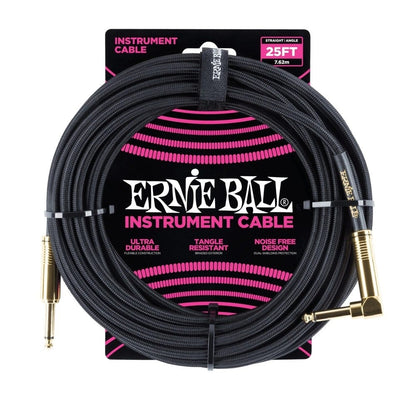 Ernie Ball Guitar Cables Black Ernie Ball 25 Ft Braided Straight-Angle Instrument Cable