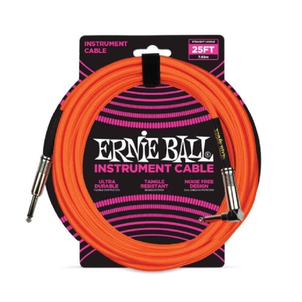 Ernie Ball Guitar Cables Neon Orange Ernie Ball 25 Ft Braided Straight-Angle Instrument Cable