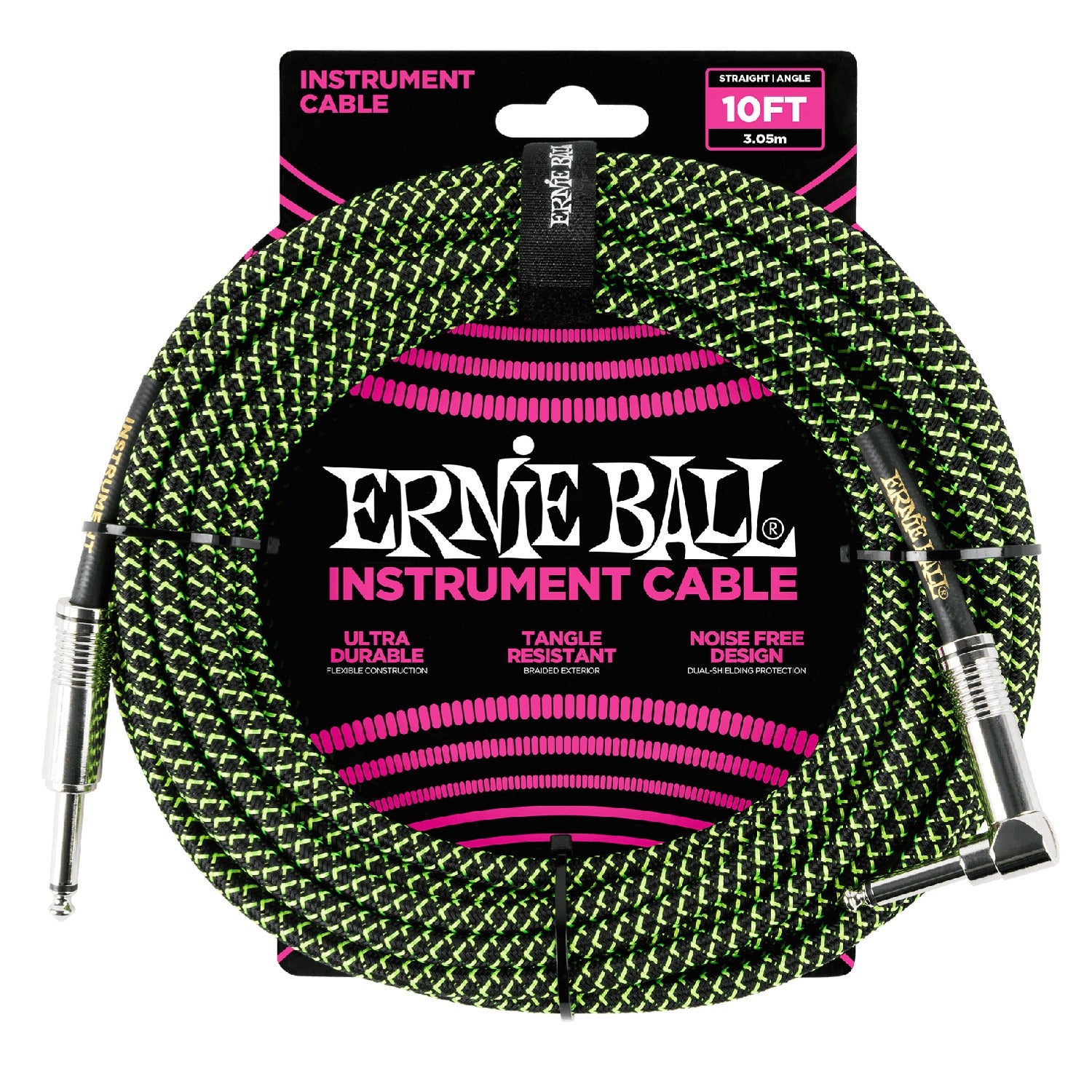Ernie Ball Instrument Cables Black/Green Ernie Ball 10' Braided Straight Angle Instrument Cable #color_black/green