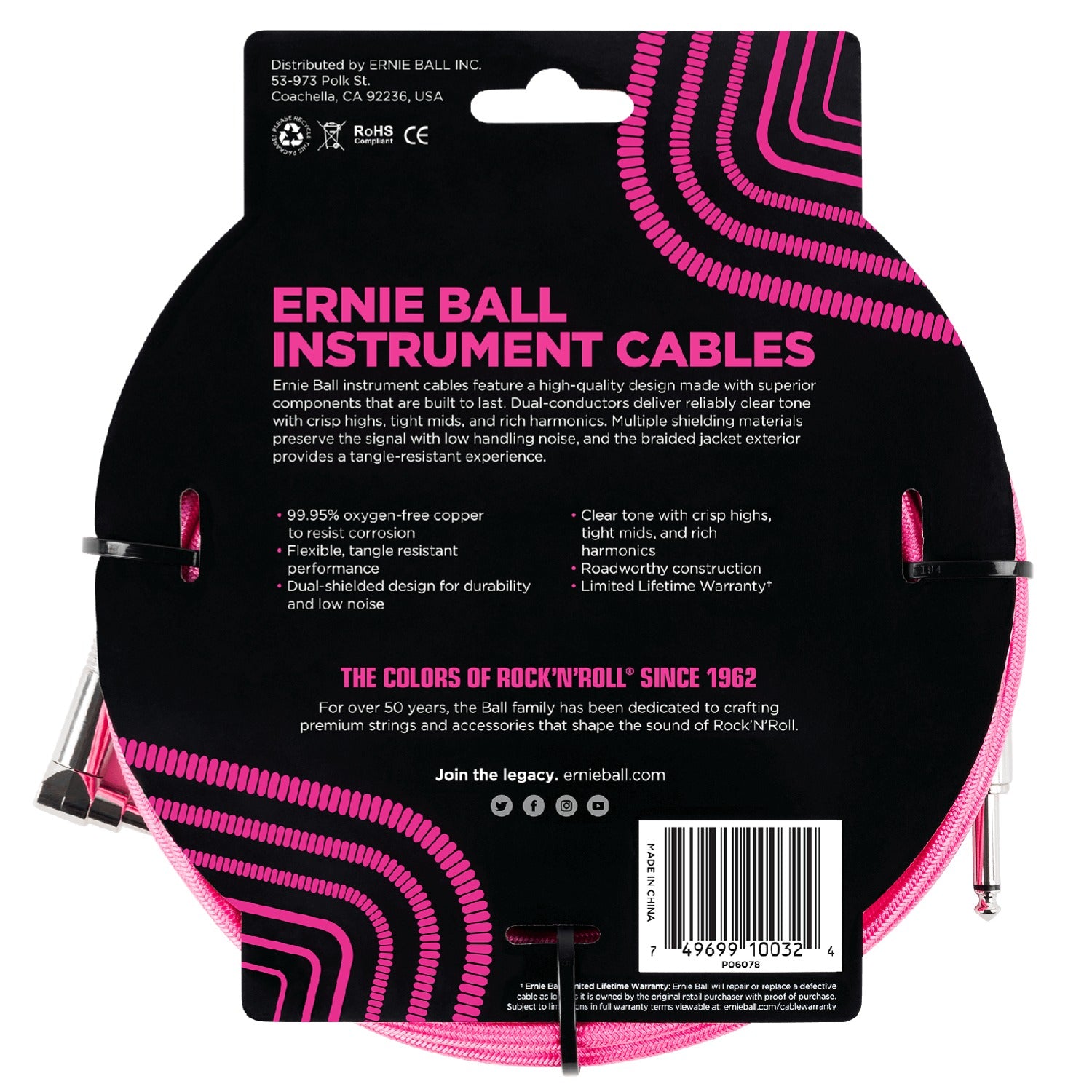 Ernie Ball Instrument Cables Ernie Ball 10' Braided Straight Angle Instrument Cable #color_neon-pink