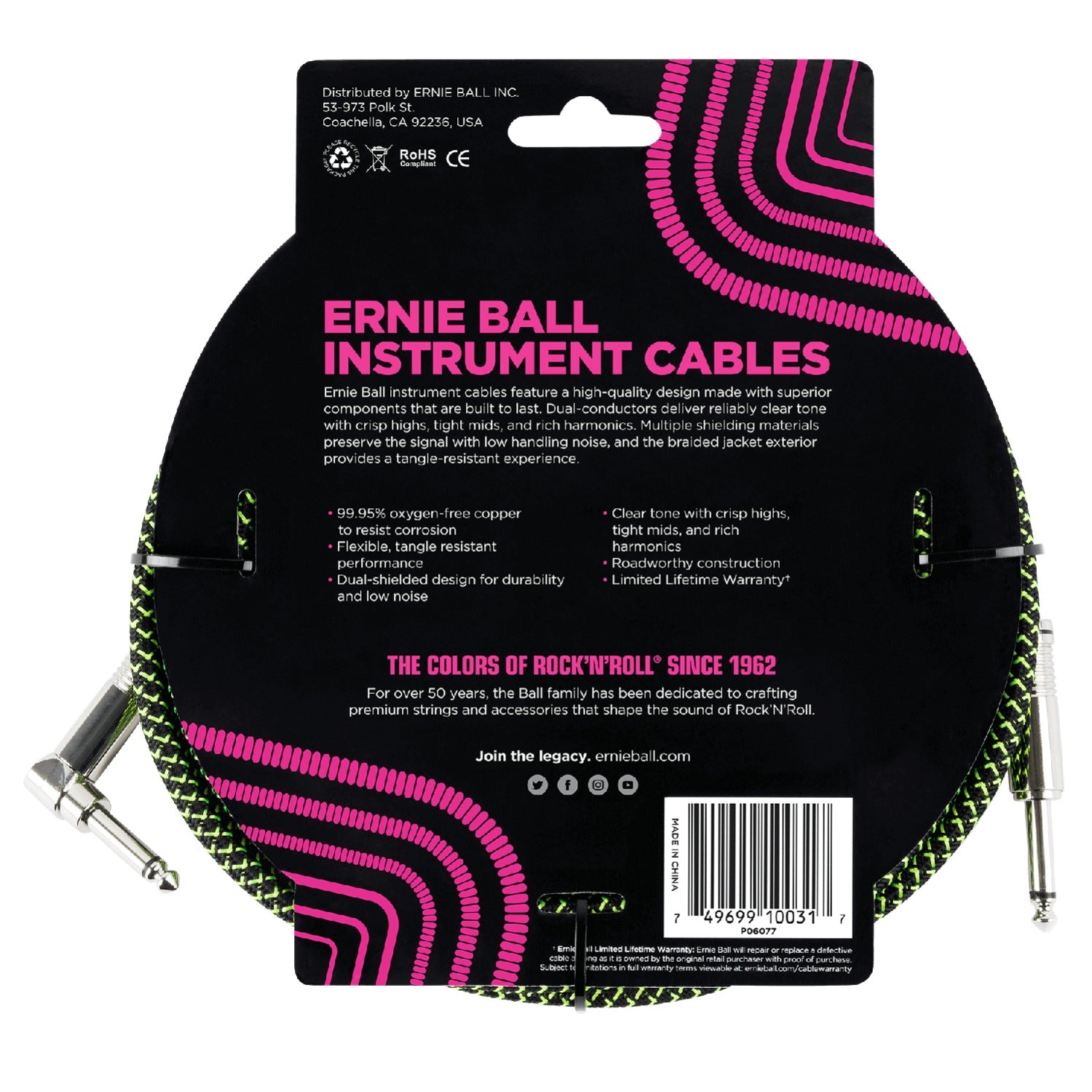 Ernie Ball Instrument Cables Ernie Ball 10' Braided Straight Angle Instrument Cable #color_black/green