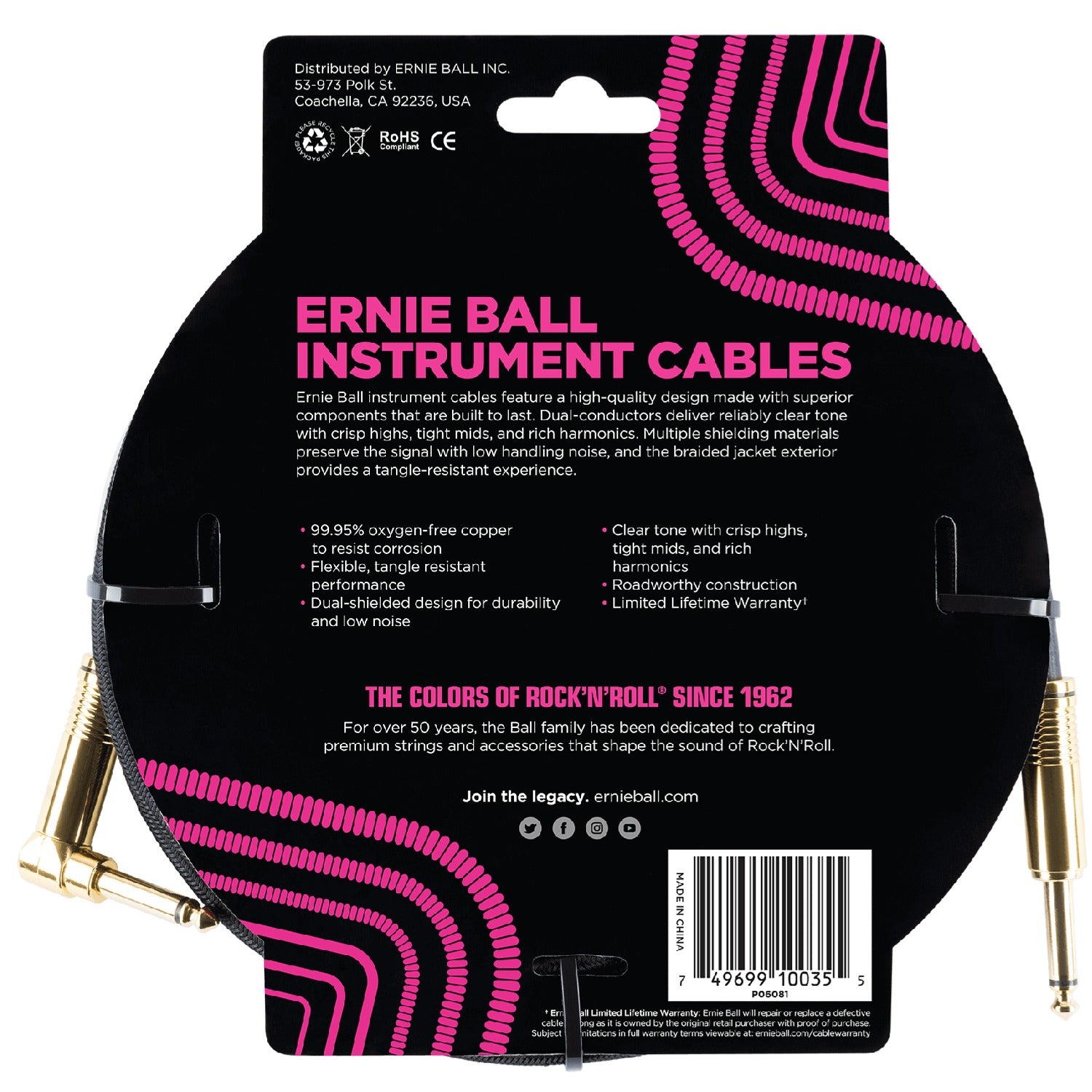 Ernie Ball Instrument Cables Ernie Ball 10' Braided Straight Angle Instrument Cable #color_black
