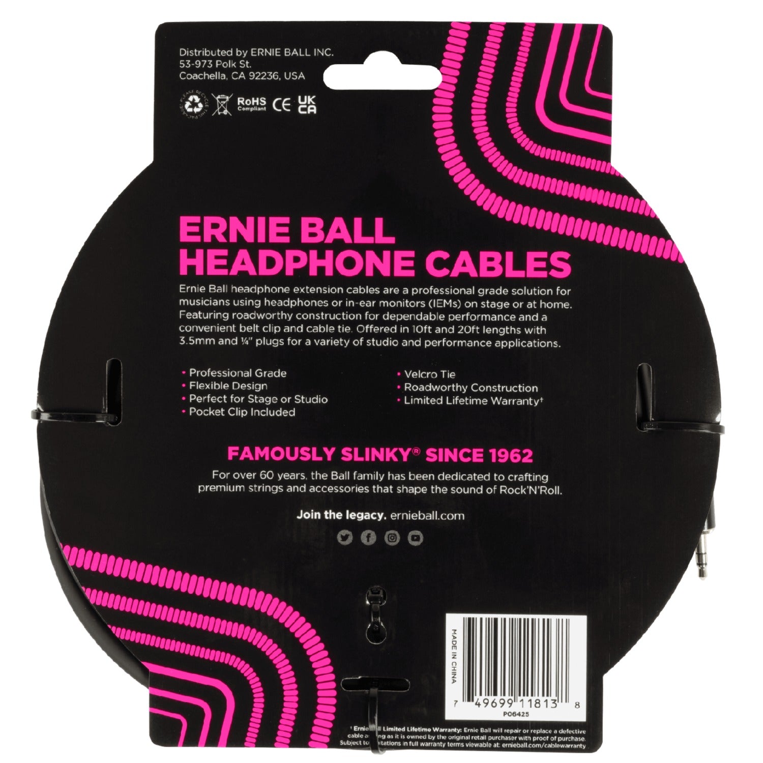 Ernie Ball Instrument Cables Ernie Ball 3.5mm 20ft Headphone Extension Instrument Cable - Black
