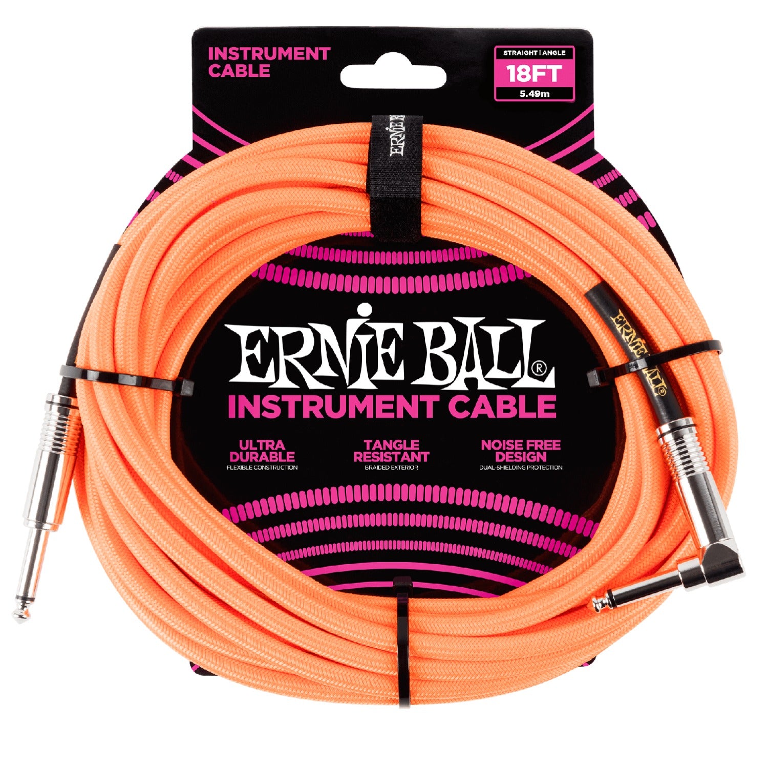 Ernie Ball Instrument Cables Neon Orange Ernie Ball 18' Braided Straight Angle Instrument Cable