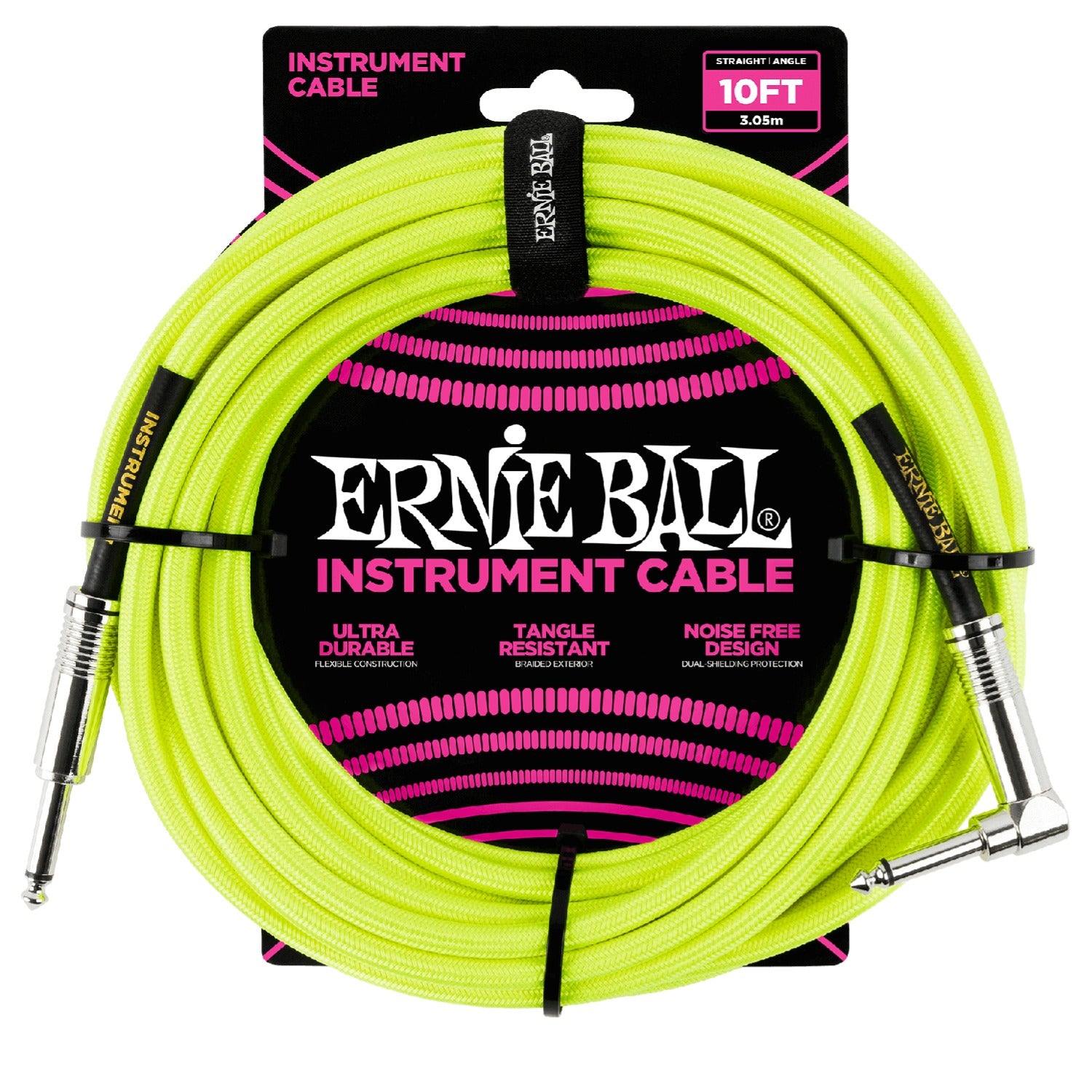 Ernie Ball Instrument Cables Neon Yellow Ernie Ball 10' Braided Straight Angle Instrument Cable 