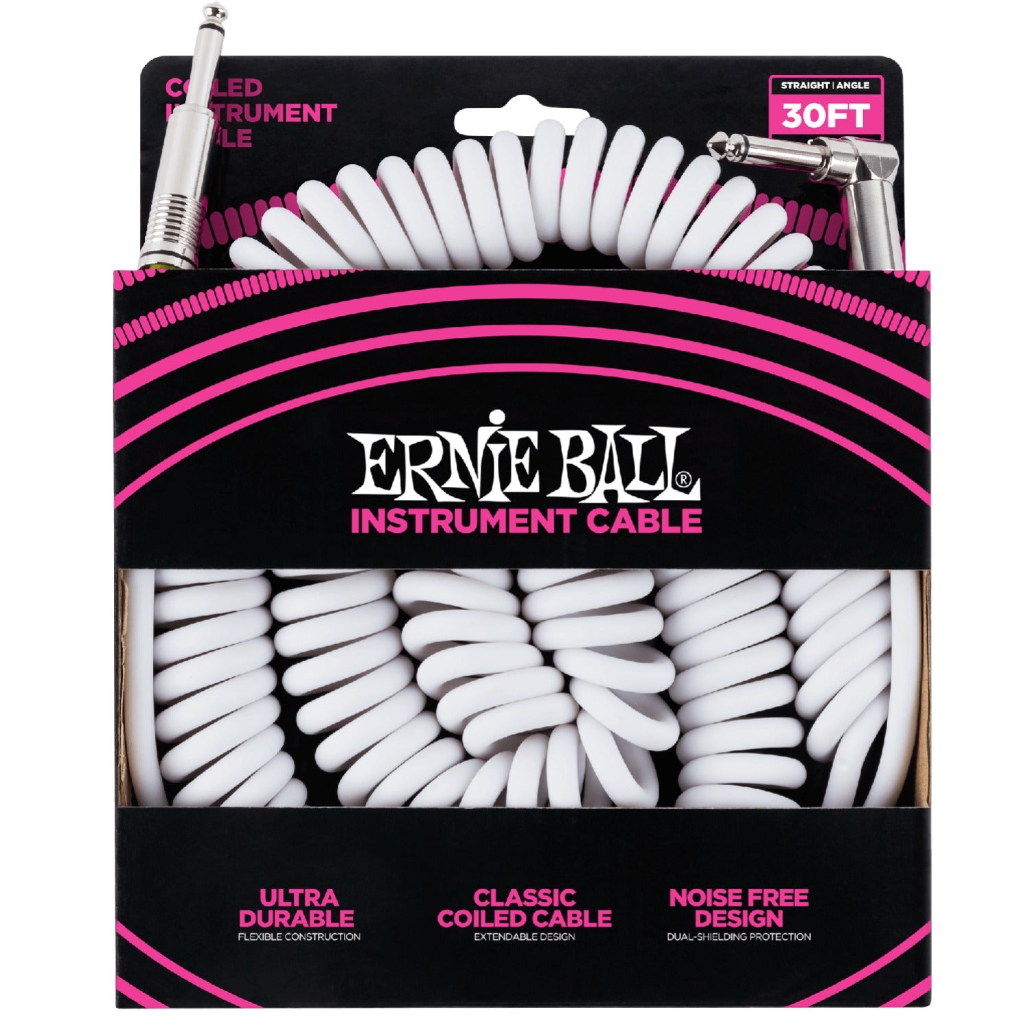 Ernie Ball Instrument Cables White Ernie Ball 6045 30ft Straight-Angle Coiled Instrument Cable - White 