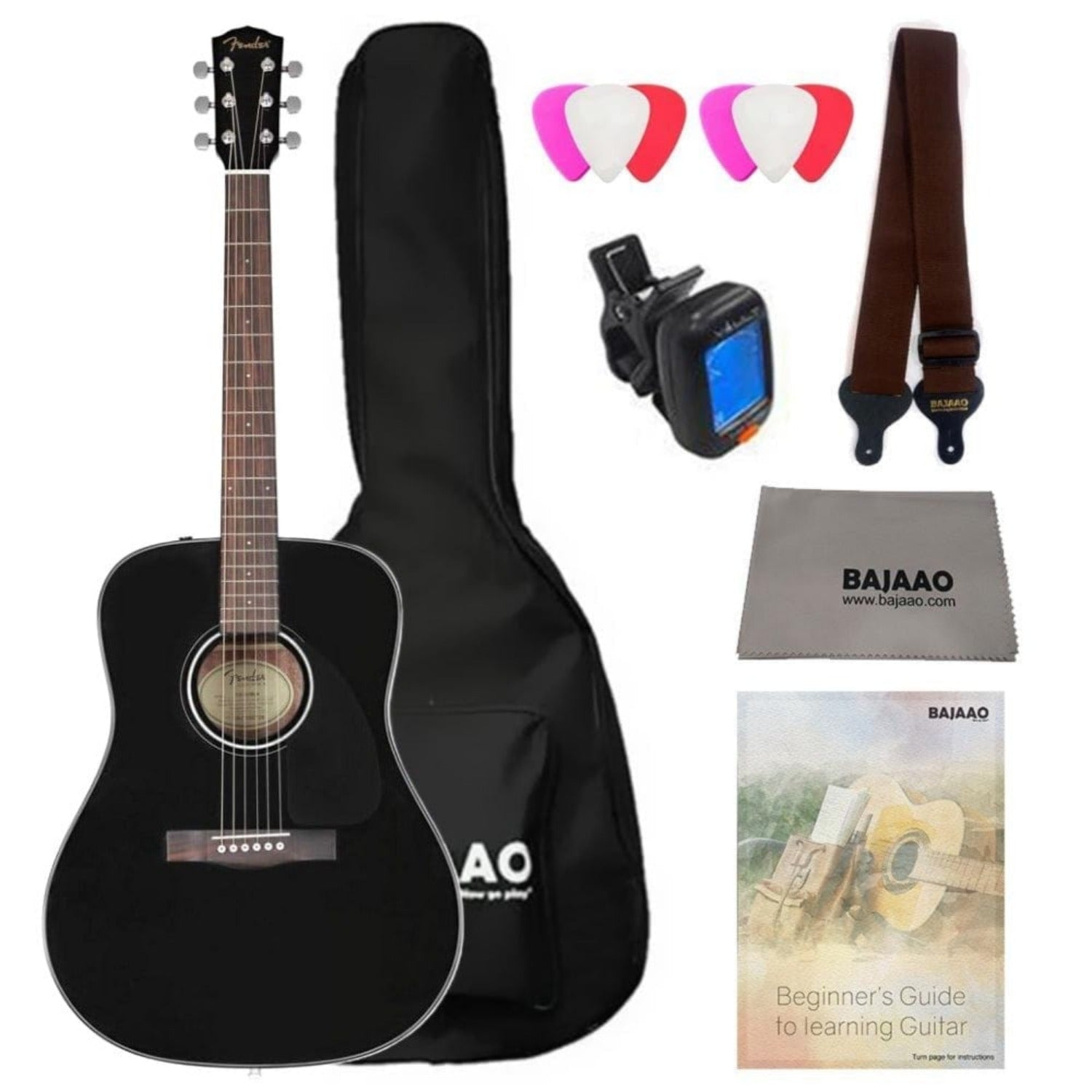 Fender Acoustic Guitar Bundles Black Fender CD-60S Dreadnought Acoustic Guitar with Gigbag, Tuner, Strap, Polishing Cloth, Picks & E book
