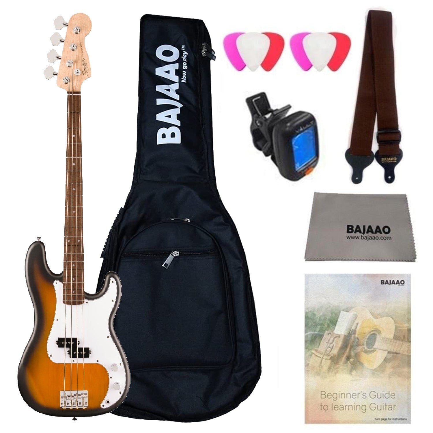 Fender Bass Guitars 2 Tone Sunburst Fender Squier Debut Precision Bass Guitar with Gigbag, Polishing Cloth, Picks, Strap, Tuner & Ebook 