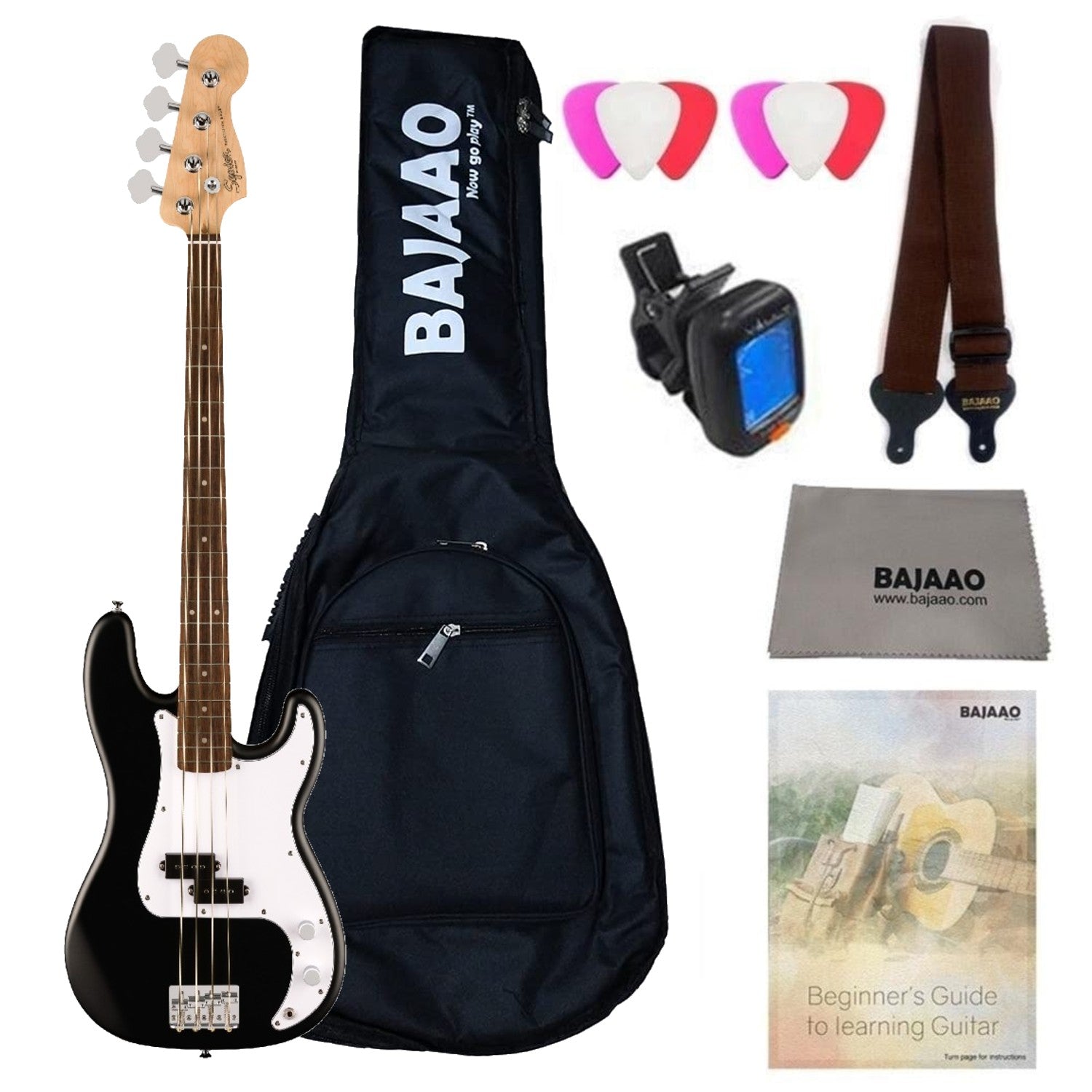 Fender Bass Guitars Black Fender Squier Debut Precision Bass Guitar with Gigbag, Polishing Cloth, Picks, Strap, Tuner & Ebook #color_black