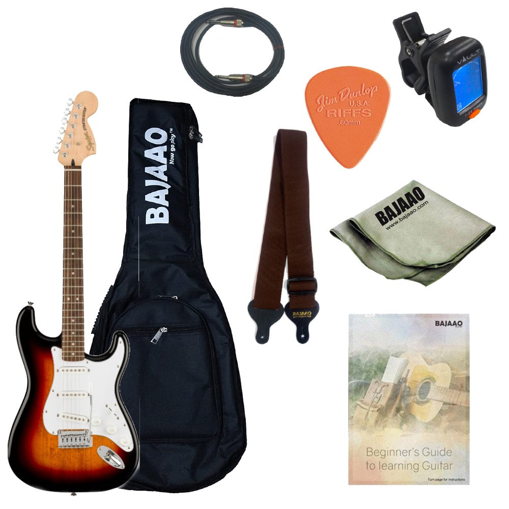 Fender Electric Guitars Bundles 3-Color Sunburst / Indian Laurel Fender Squier Affinity Series Stratocaster Electric Guitar with Gigbag, Strap, Pick, Cable, Cloth and Tuner, Ebook #color_3-color-sunburst,fretboard_indian-laurel