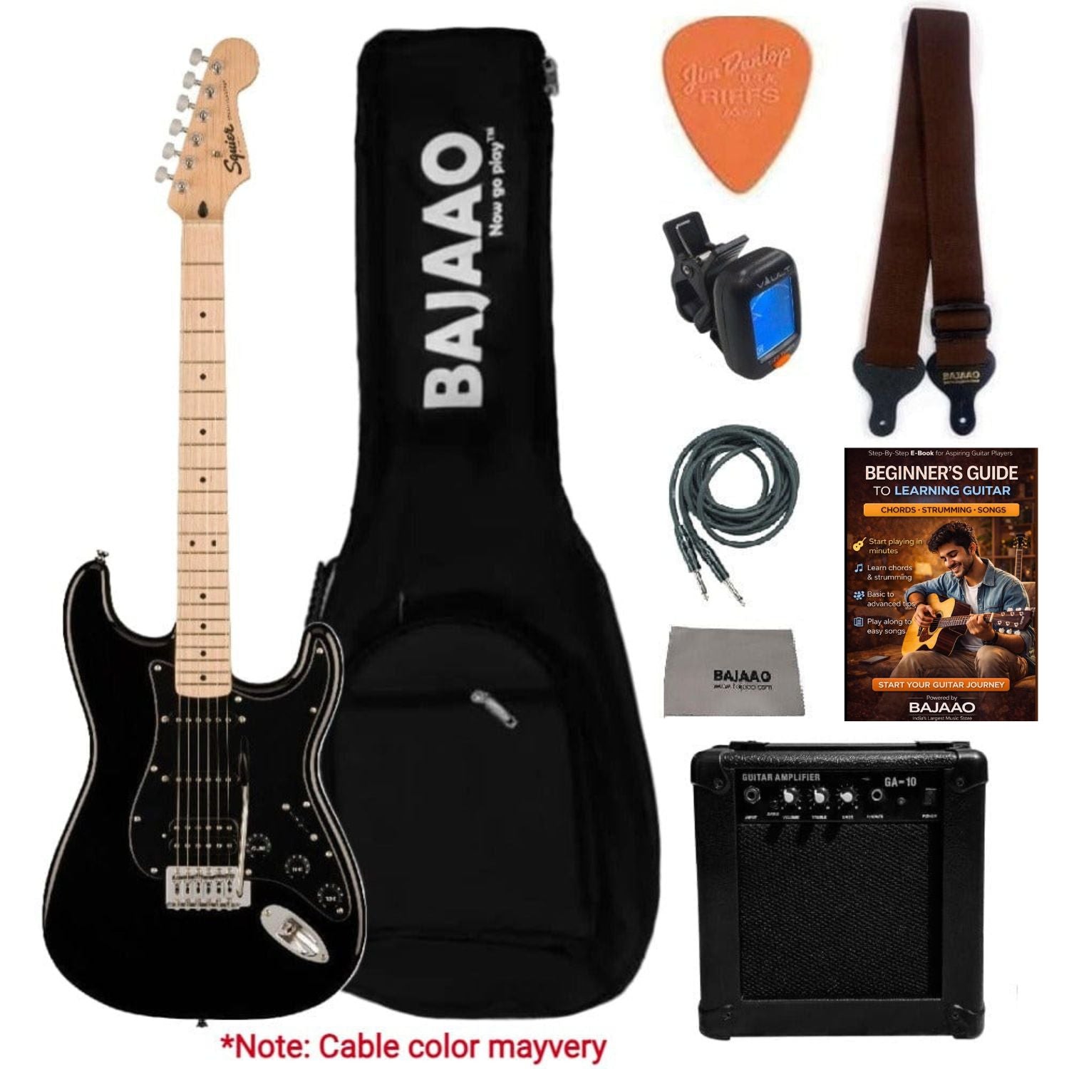 Fender Electric Guitars Bundles Fender Squier Sonic Stratocaster Electric Guitar Pro Bundle with Amplifier, Gigbag, Tuner, Strap, Picks, Cable, Polishing Cloth & Ebook#configuration_hss,color_black,fretboard_maple