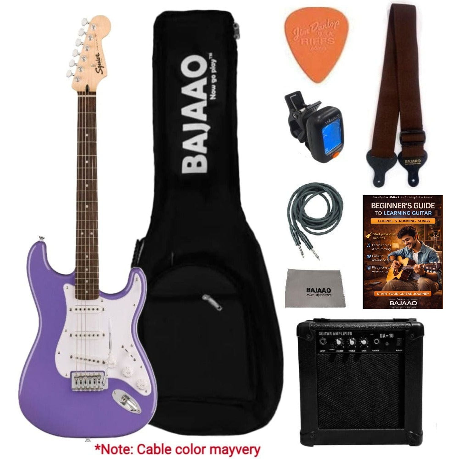Fender Electric Guitars Bundles Fender Squier Sonic Stratocaster Electric Guitar Pro Bundle with Amplifier, Gigbag, Tuner, Strap, Picks, Cable, Polishing Cloth & Ebook#configuration_sss,color_ultraviolet,fretboard_indian-laurel