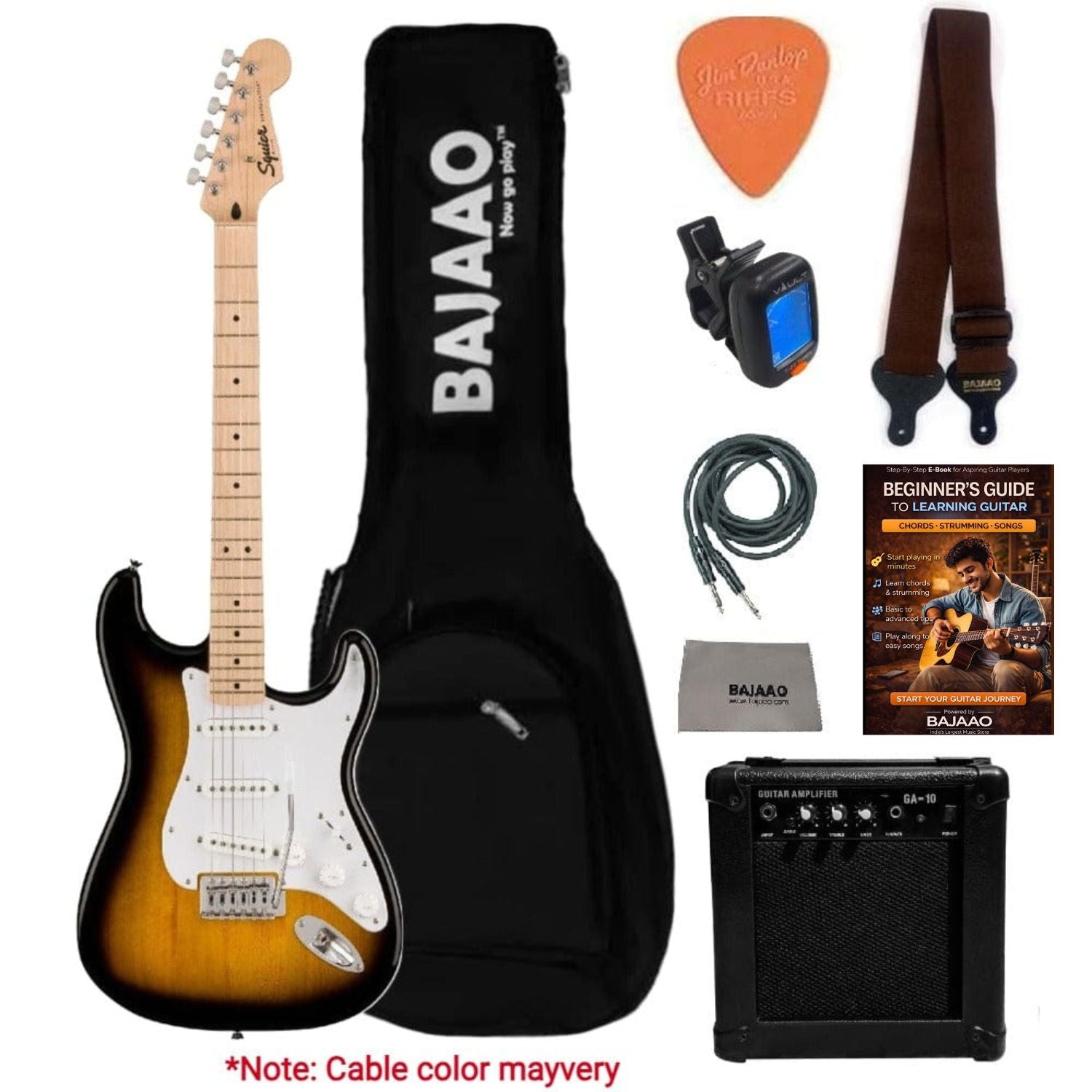 Fender Electric Guitars Bundles Fender Squier Sonic Stratocaster Electric Guitar Pro Bundle with Amplifier, Gigbag, Tuner, Strap, Picks, Cable, Polishing Cloth & Ebook#configuration_sss,color_2-color-sunburst,fretboard_maple