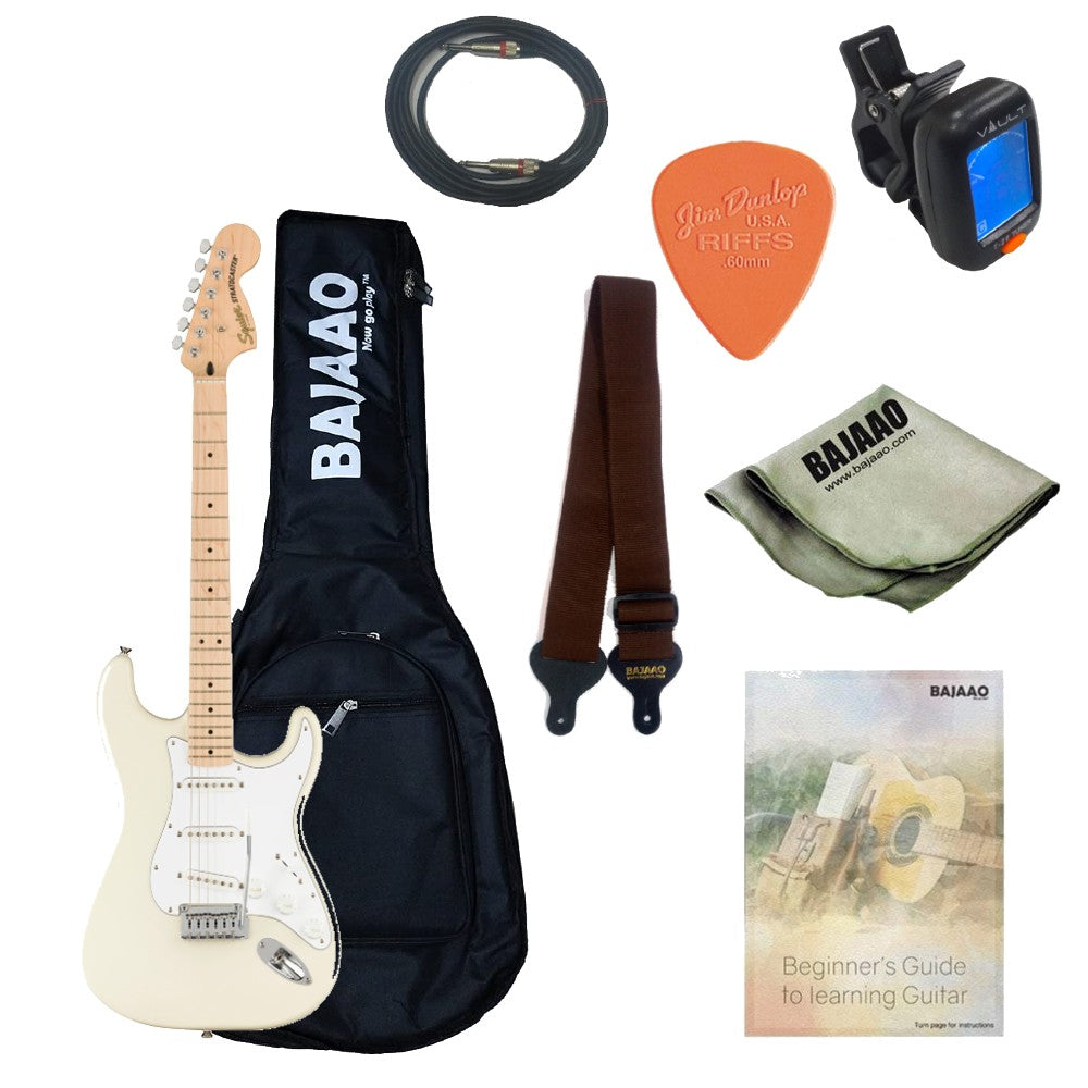 Fender Electric Guitars Bundles Olympic White / Maple Fender Squier Affinity Series Stratocaster Electric Guitar with Gigbag, Strap, Pick, Cable, Cloth and Tuner, Ebook #color_olympic-white,fretboard_maple