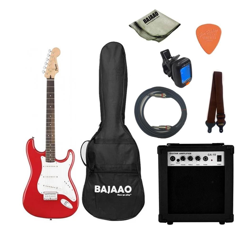fender electric guitars bundles red w amp & accessories fender squier mm stratocaster electric guitar with gigbag, picks, strap and polishing cloth