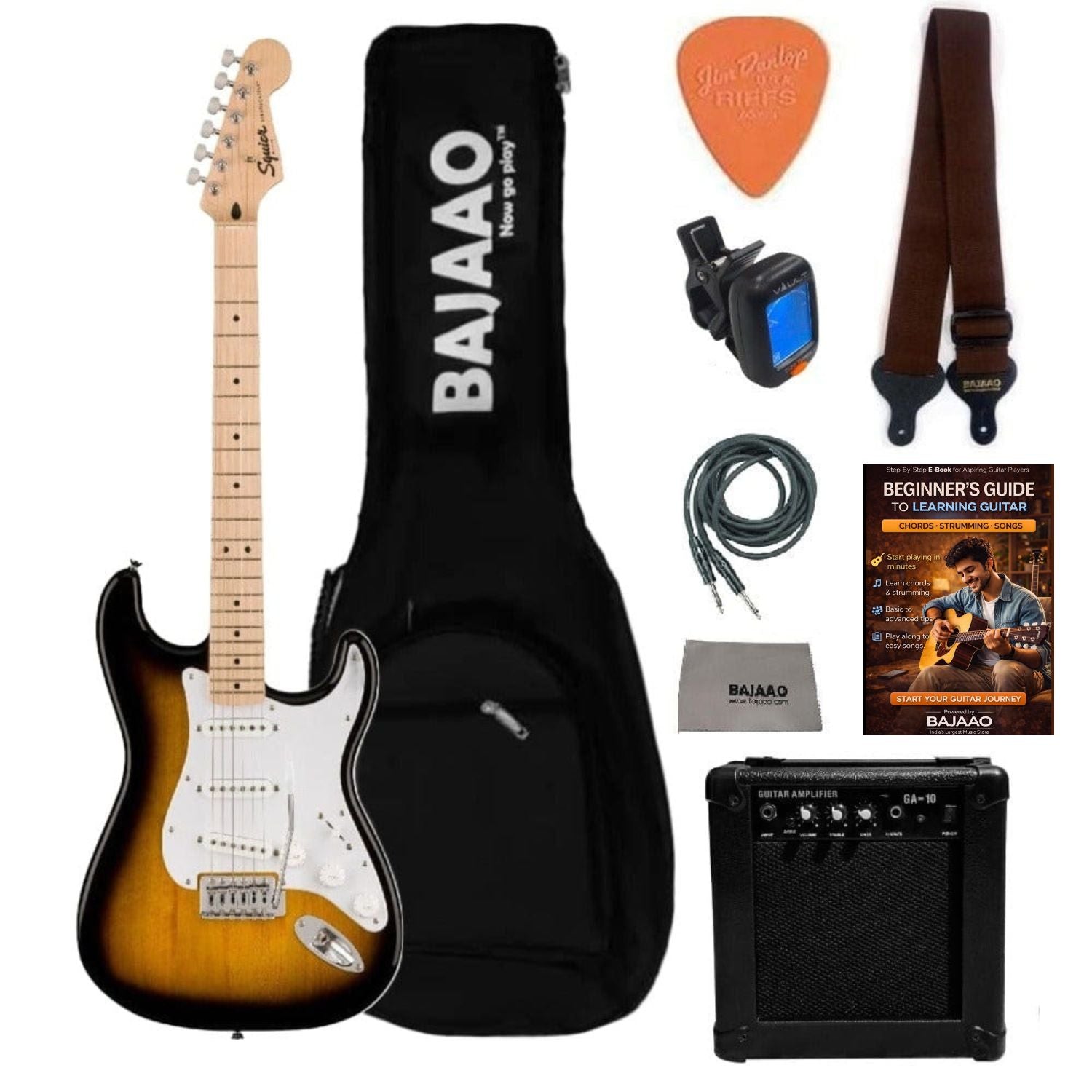 Fender Electric Guitars Bundles SSS / 2-Color Sunburst / Maple Fender Squier Sonic Stratocaster Electric Guitar Pro Bundle with Amplifier, Gigbag, Tuner, Strap, Picks, Cable, Polishing Cloth & Ebook#configuration_sss,color_2-color-sunburst,fretboard_maple
