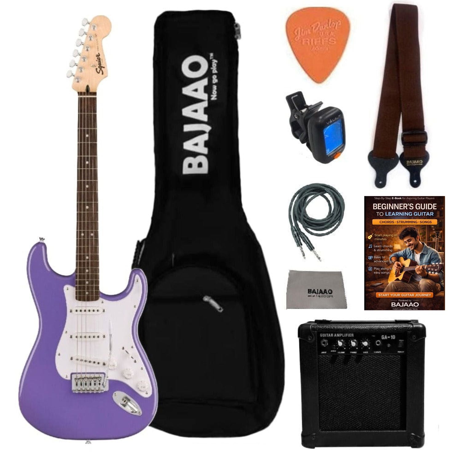 Fender Electric Guitars Bundles SSS / Ultraviolet / Indian Laurel Fender Squier Sonic Stratocaster Electric Guitar Pro Bundle with Amplifier, Gigbag, Tuner, Strap, Picks, Cable, Polishing Cloth & Ebook#configuration_sss,color_ultraviolet,fretboard_indian-laurel