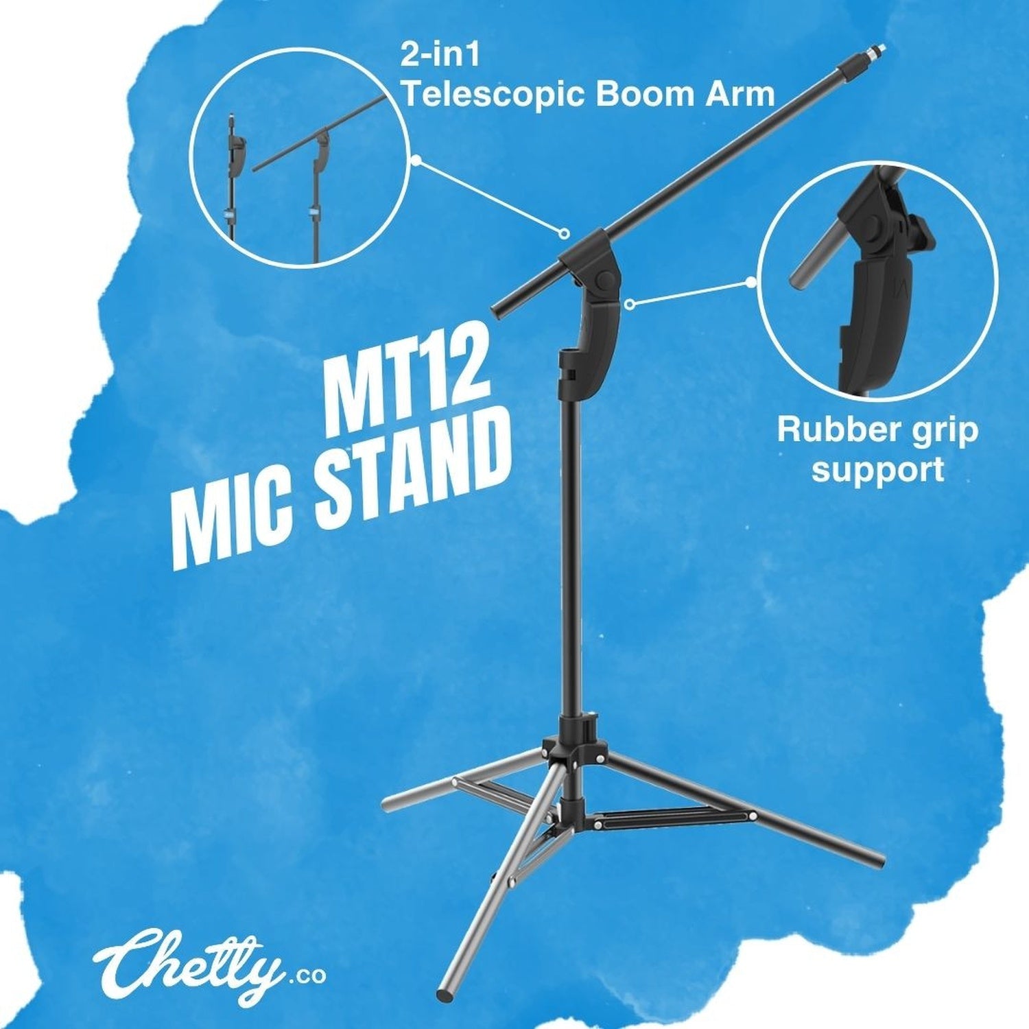 Chetty MT12 2-in-1 Tripod Microphone Stand with Telescopic Boom Arm & Collapsible base