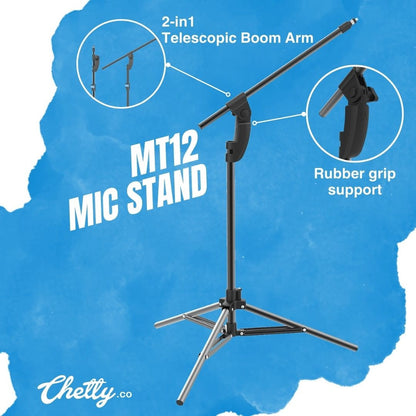 Chetty MT12 2-in-1 Tripod Microphone Stand with Telescopic Boom Arm & Collapsible base