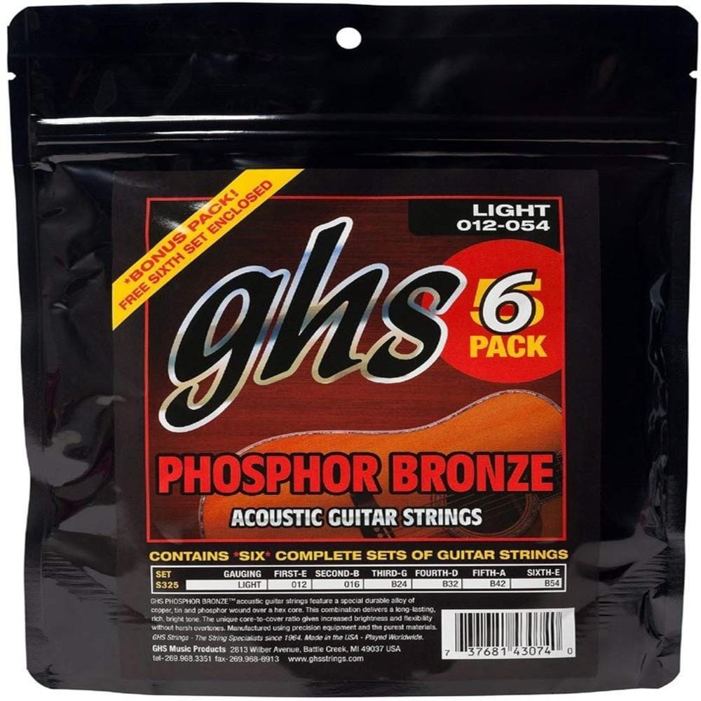 ghs acoustic guitar strings ghs strings s325-5 phosphor bronze acoustic guitar strings, light, 6 pack (.012-.054)