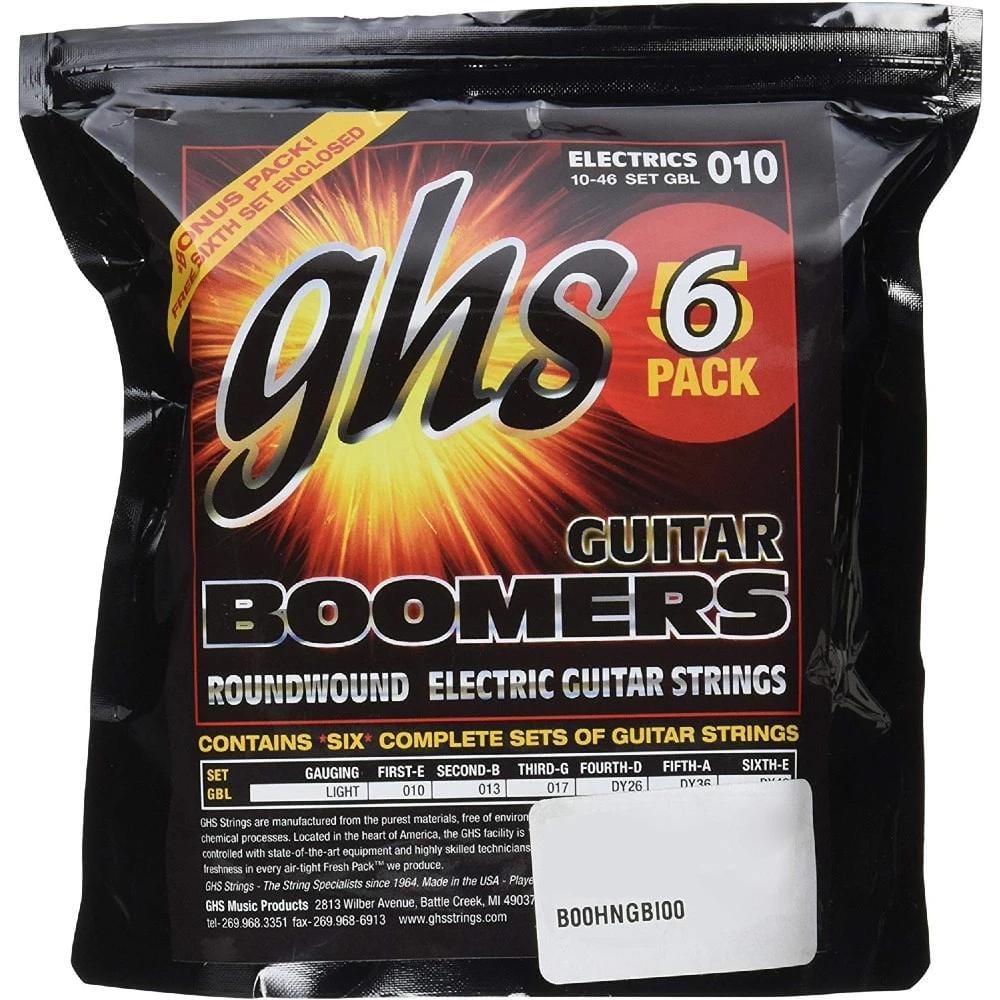 ghs electric guitar strings ghs strings gbl-5 guitar boomers, nickel-plated electric guitar strings, light, 6 pack (.010-.046)