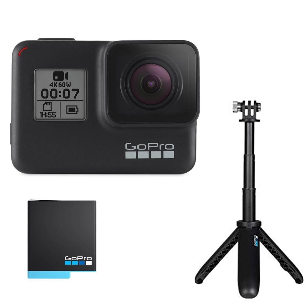 gopro action cameras gopro hero7 black holiday bundle with shorty ,sd card & rechargeable battery - 2 years warranty