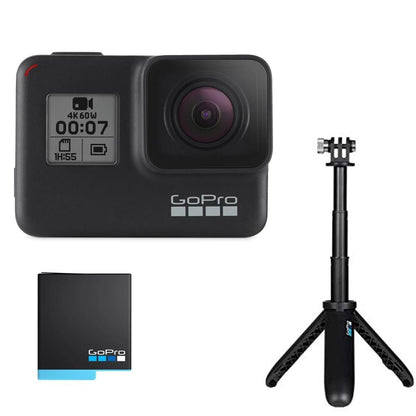 gopro action cameras gopro hero7 black holiday bundle with shorty ,sd card & rechargeable battery - 2 years warranty